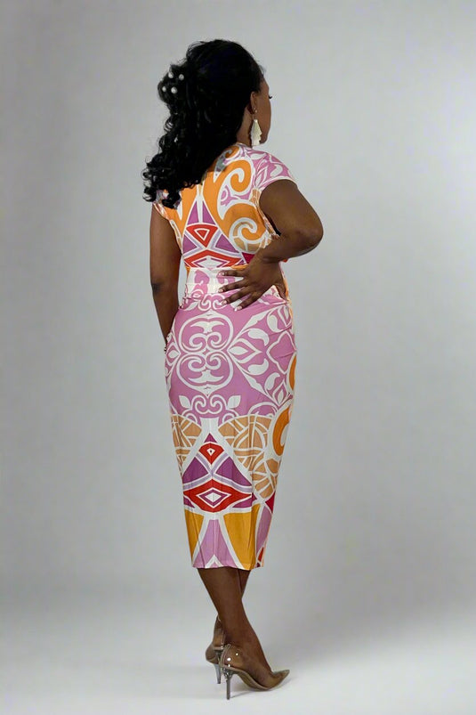 Wish You Could Plunge Pleated Midi Dress - Orange/Pink