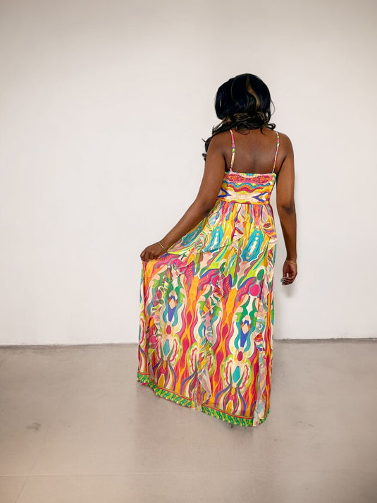 Color Burst Ruffle Maxi Dress - Fuchsia/Lime Multi (Final Sale)