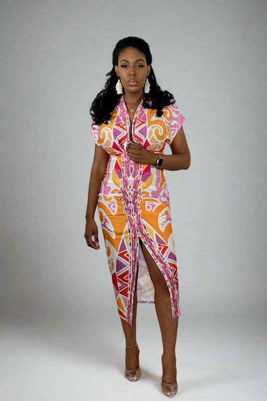 Wish You Could Plunge Pleated Midi Dress - Orange/Pink