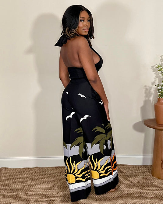 Jetsetter Palm Print Pant Set - Black