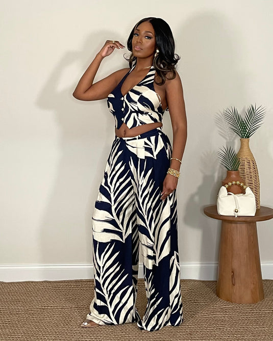 Go With the Flow Pant Set - Navy/Ivory