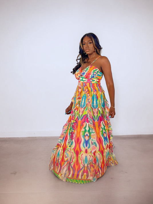 Color Burst Ruffle Maxi Dress - Fuchsia/Lime Multi (Final Sale)