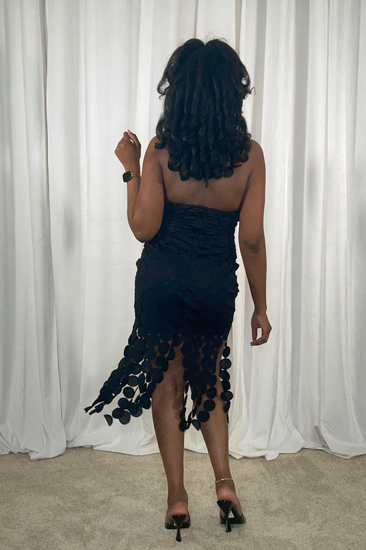 Sitting Pretty Circle Fringe Halter Midi Dress - Black (FINAL SALE)