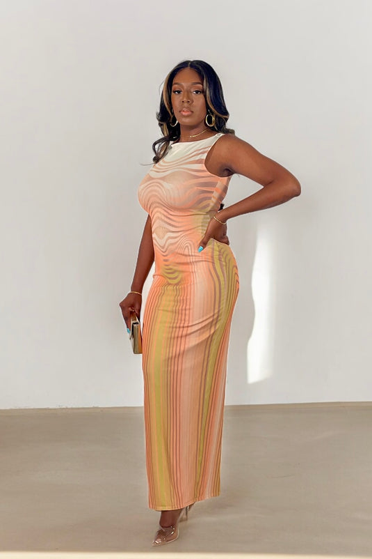 Wait A Minute Mesh Maxi Dress - Tan/Orange Multi (Final Sale)