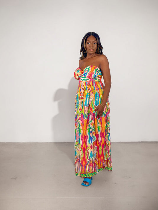 Color Burst Ruffle Maxi Dress - Fuchsia/Lime Multi (Final Sale)