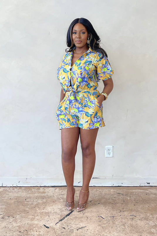 Sunny Daze Floral Short Set - Yellow/Purple