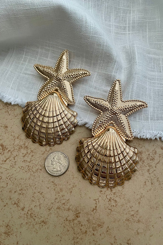 Ari Large Scallop and Starfish Statement Earrings - Gold