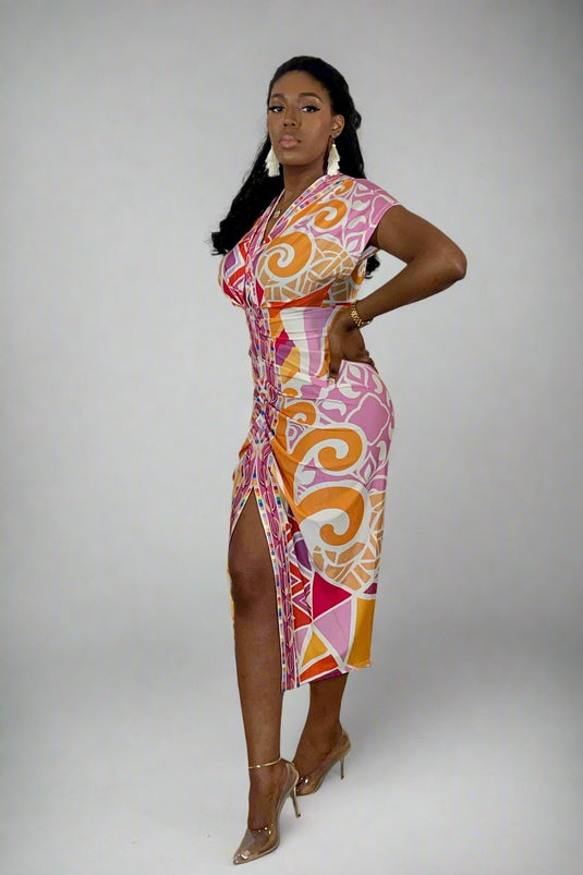 Wish You Could Plunge Pleated Midi Dress - Orange/Pink