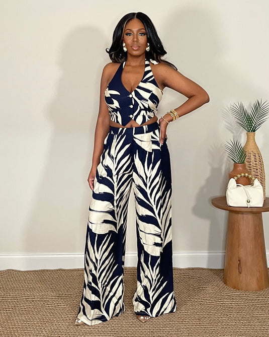 Go With the Flow Pant Set - Navy/Ivory