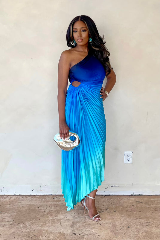 Forever Yours Pleated Asymmetrical Maxi Dress - Blue Ombre