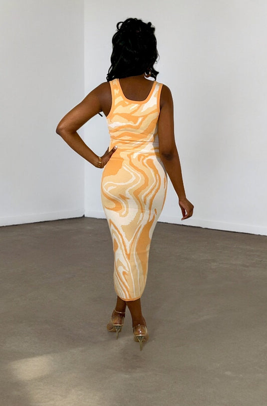 Peach Sherbet Knit Swirl Print Midi Dress- Peach