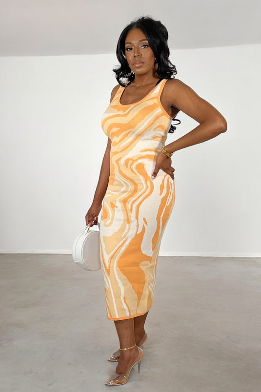 Peach Sherbet Knit Swirl Print Midi Dress- Peach