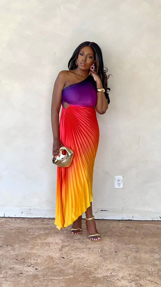 Forever Yours Pleated Asymmetrical Maxi Dress - Purple/Orange Ombre