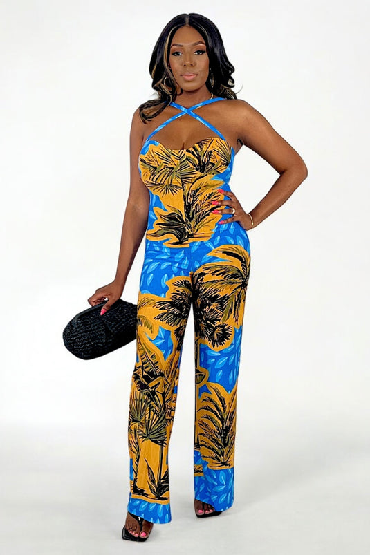 Let’s Getaway Tropical Print Jumpsuit - Blue