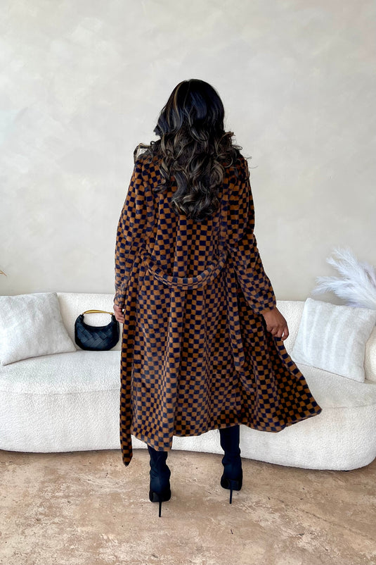 Come See Me Faux Fur Checkered Coat - Camel