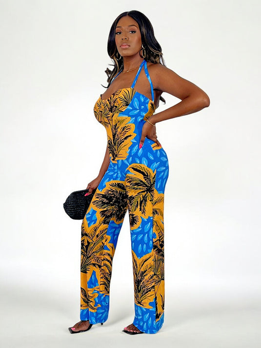 Let’s Getaway Tropical Print Jumpsuit - Blue