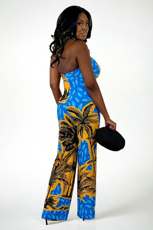 Let’s Getaway Tropical Print Jumpsuit - Blue