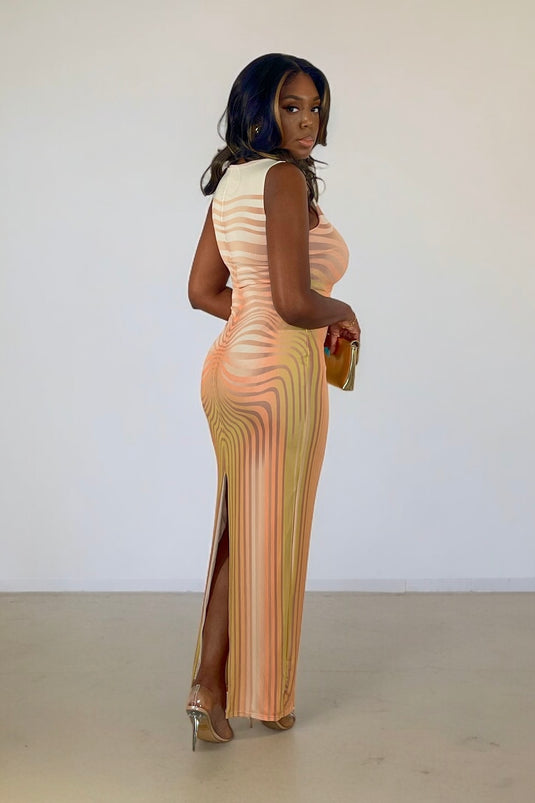 Wait A Minute Mesh Maxi Dress - Tan/Orange Multi