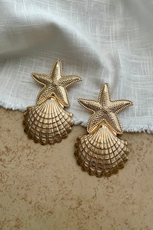 Ari Large Scallop and Starfish Statement Earrings - Gold