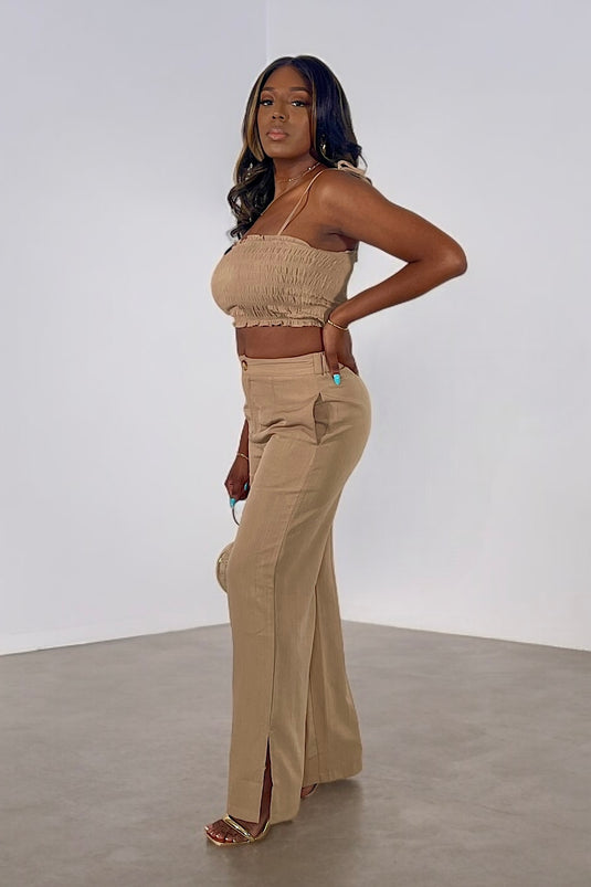 Top Of The Line Crop Top and Pant Set - Tan