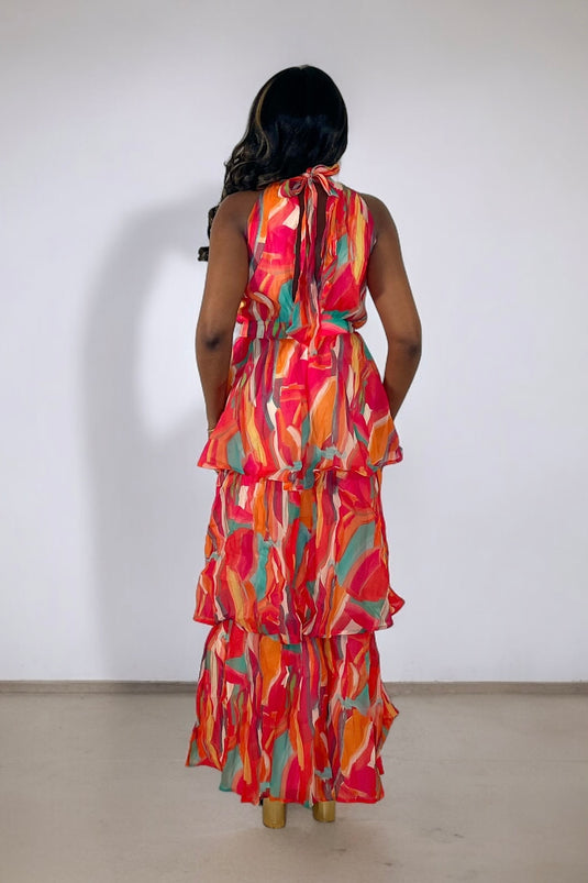 Sunset Senorita Tiered Layered Maxi Dress - Red/Orange Multi