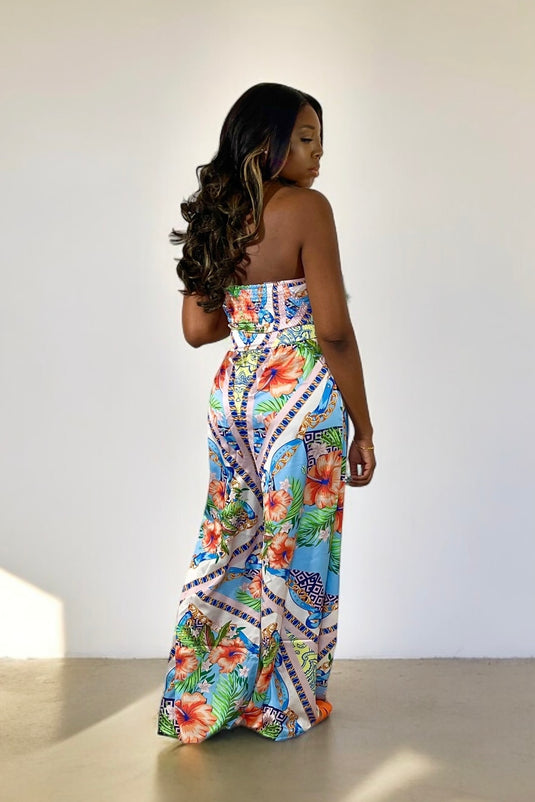 Love Me Down Halter/Bandeau Jumpsuit - Blue/Orange Multi