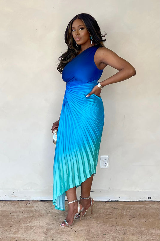 Forever Yours Pleated Asymmetrical Maxi Dress - Blue Ombre