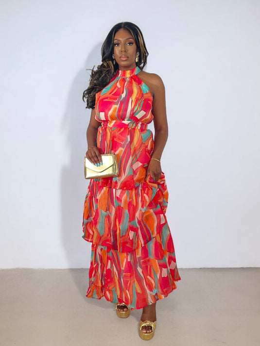 Sunset Senorita Tiered Layered Maxi Dress - Red/Orange Multi