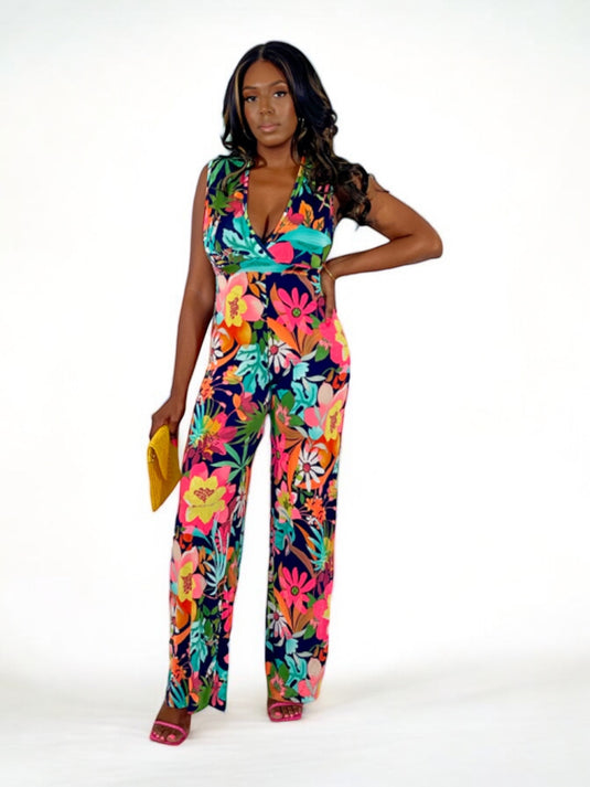 Super Bloom Sleeveless Floral Jumpsuit - Navy/Pink Multi