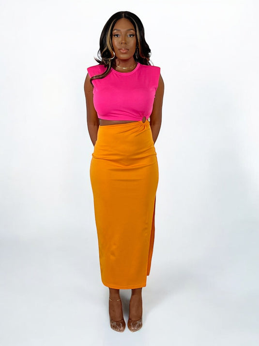 Got Your Attention Colorblock Cutout Midi Dress - Hot Pink/Orange