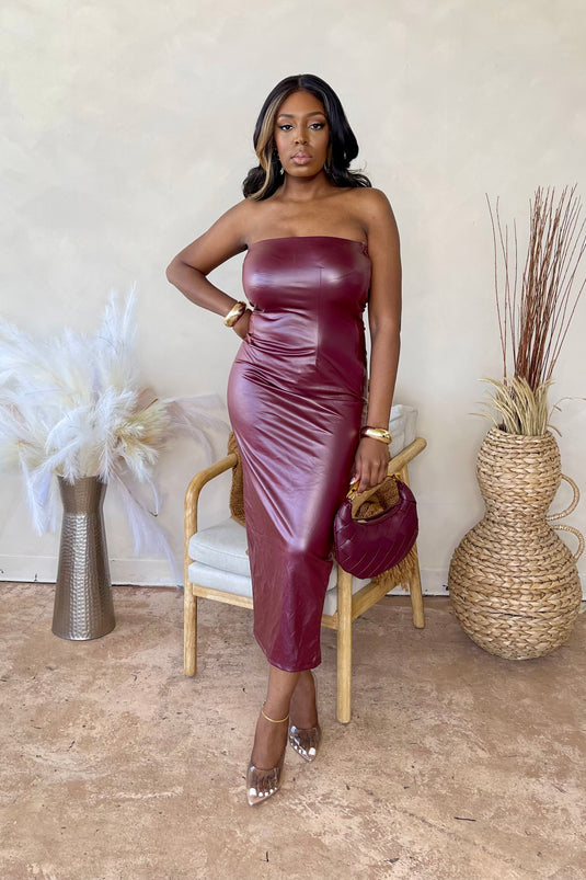 Figure It Out Faux Leather Midi Dress - Burgundy