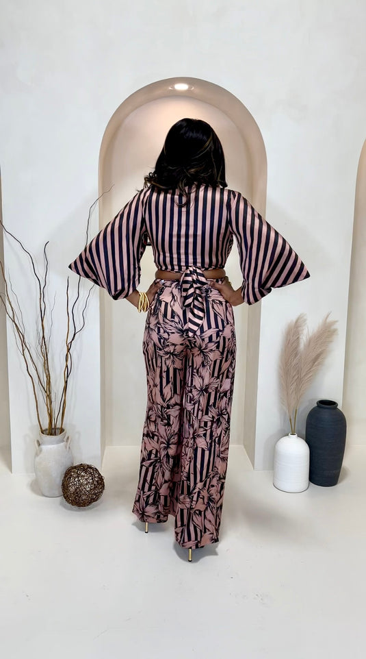 Lovely One Satin Striped Pant Set - Black/Mauve