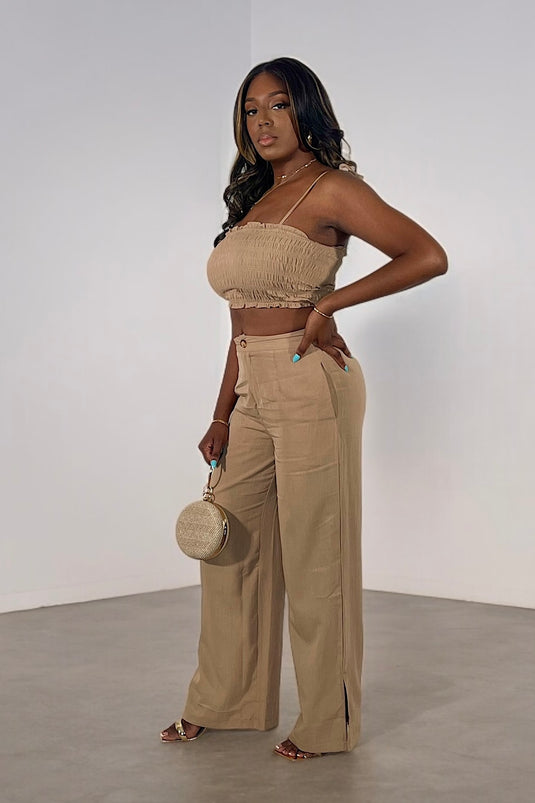 Top Of The Line Crop Top and Pant Set - Tan