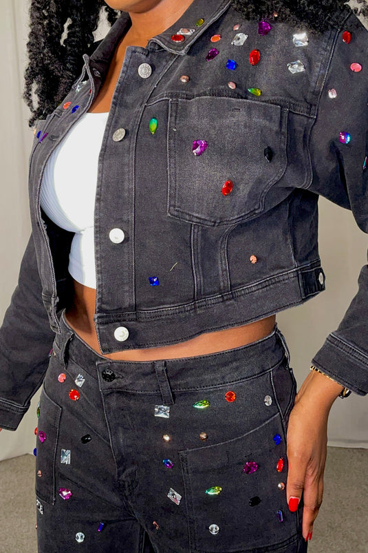 Keep Shining Candy Jewel Denim Jacket - Black (FINAL SALE)