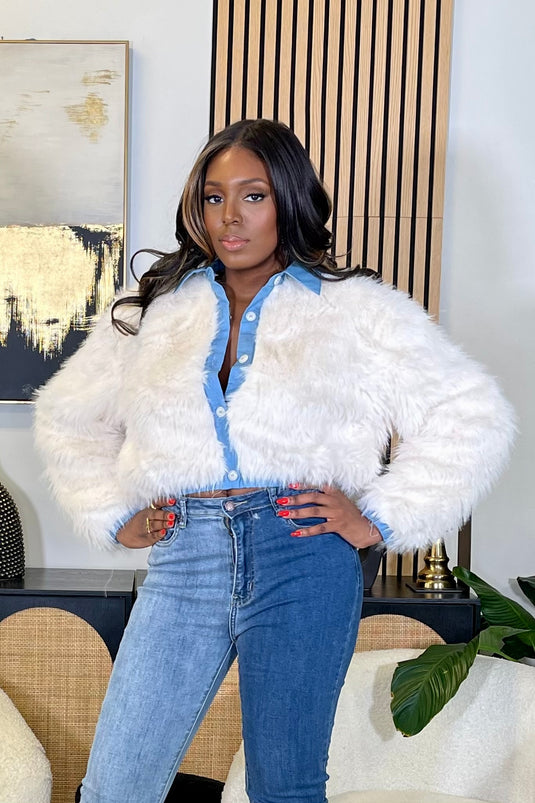 Stay Fly Faux Fur Denim Trim Jacket - Cream/Denim