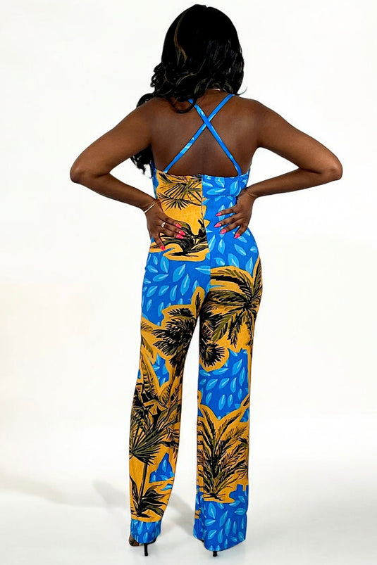 Let’s Getaway Tropical Print Jumpsuit - Blue