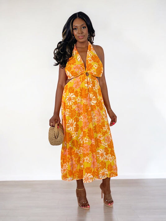 Blissful Paradise Floral Halter Midi Dress - Yellow