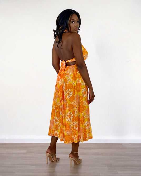 Blissful Paradise Floral Halter Midi Dress - Yellow