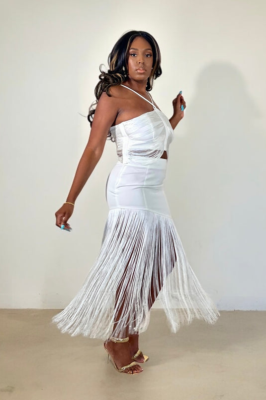 High Standards Fringe Halter Skirt Set - White