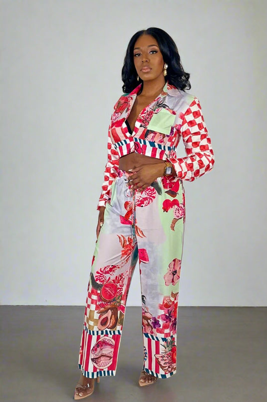 Cabana Vibes Printed Pants Set - Pink Multi