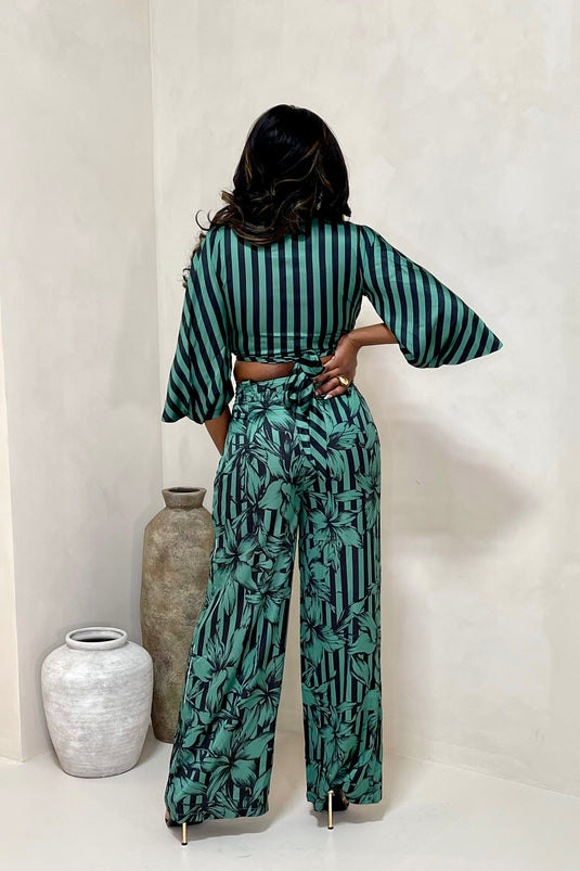 Lovely One Satin Striped Pant Set - Black/Green