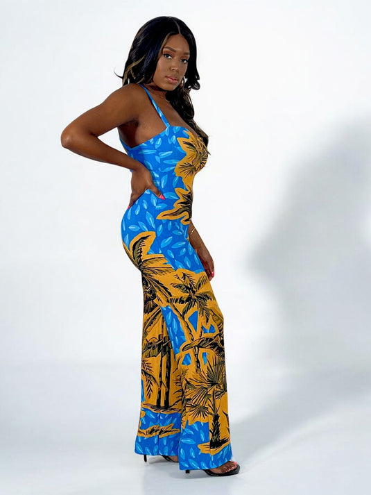 Let’s Getaway Tropical Print Jumpsuit - Blue